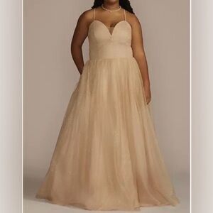 JULES & CLEO Lace-Up Glitter Tulle V-Neck Backless Ball Gown Rose Gold Sz 20 NWT